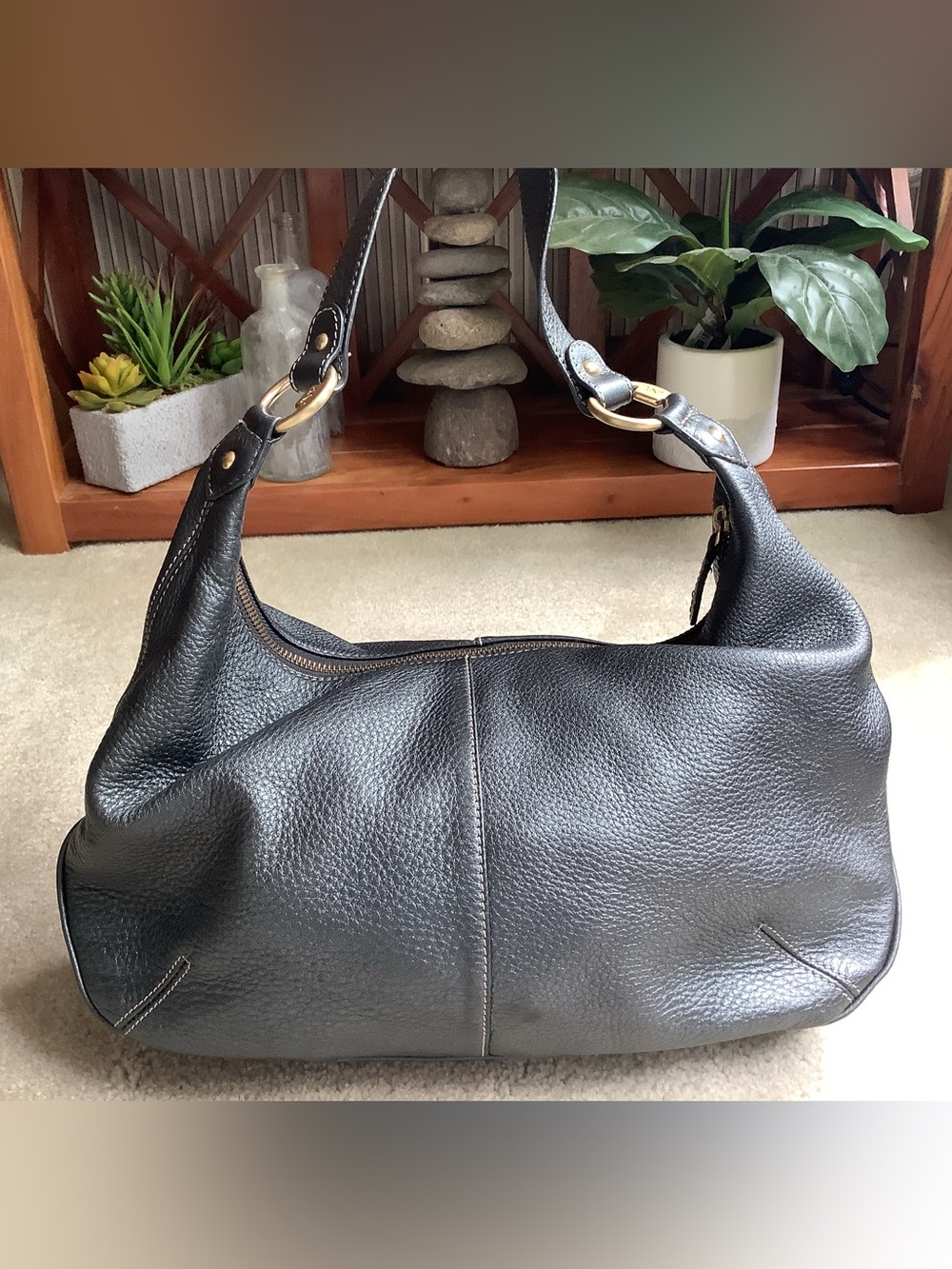 Genuine Leather, Jones New York handbag.  Pewter gray. Brass colored accents.